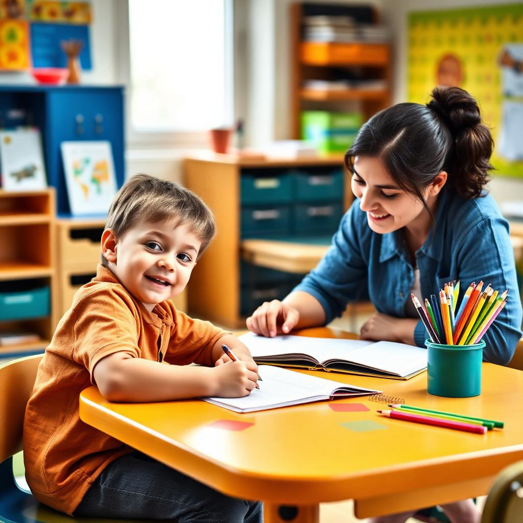 Teacher helping a student with homework at a bright table
