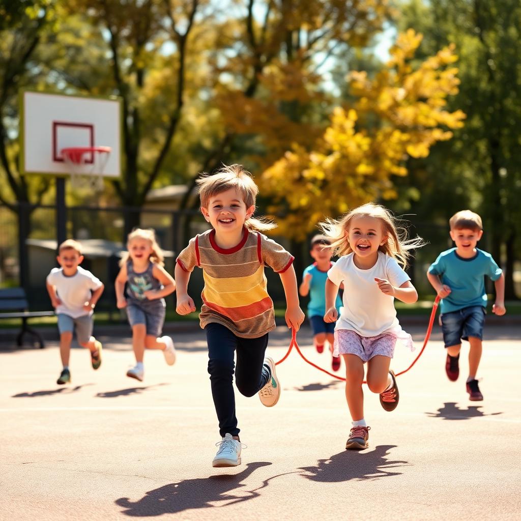 Grade school kids playing basketball and jump rope outdoors