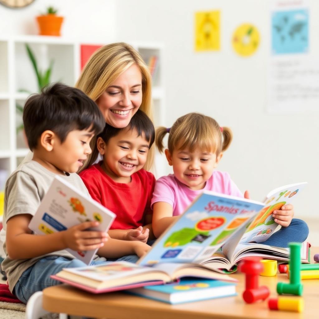 Children reading Spanish books together with a bilingual teacher