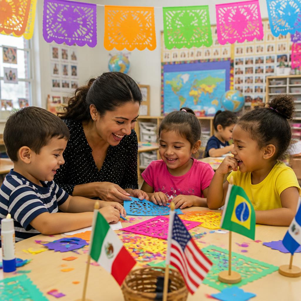 Children doing cultural crafts with papel picado banners