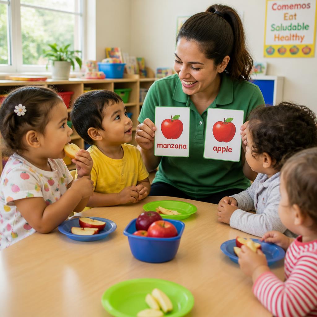 Teacher using bilingual picture cards during snack time