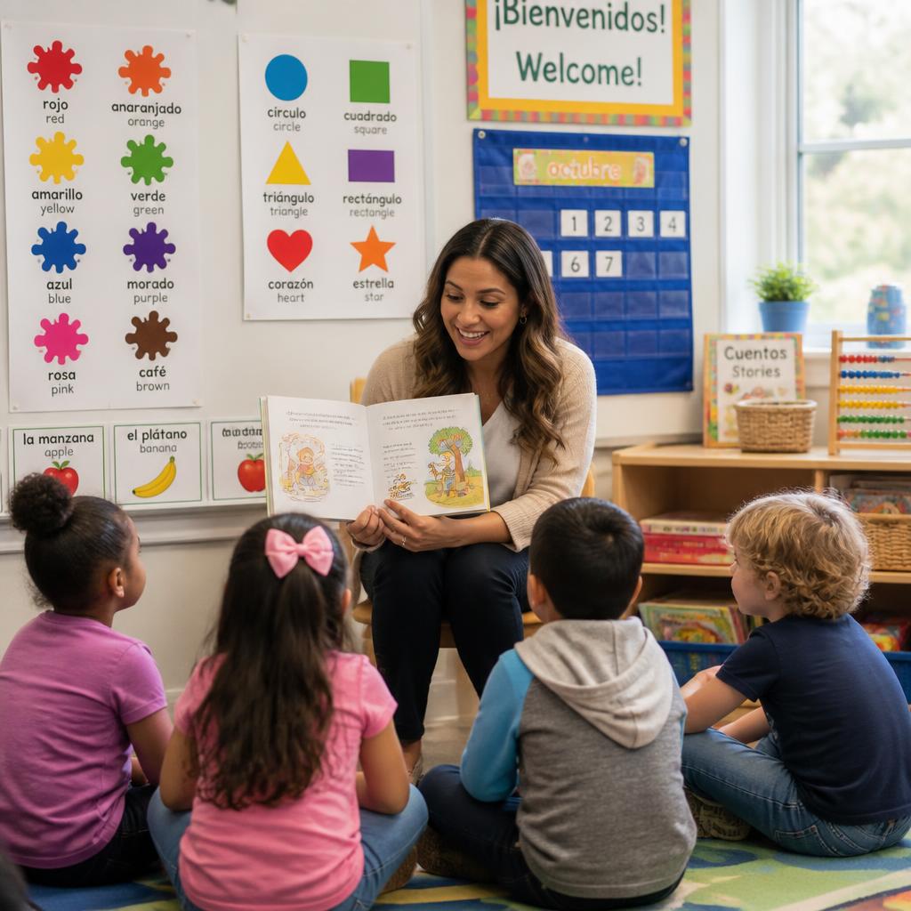 Teacher reading a bilingual picture book to preschool children
