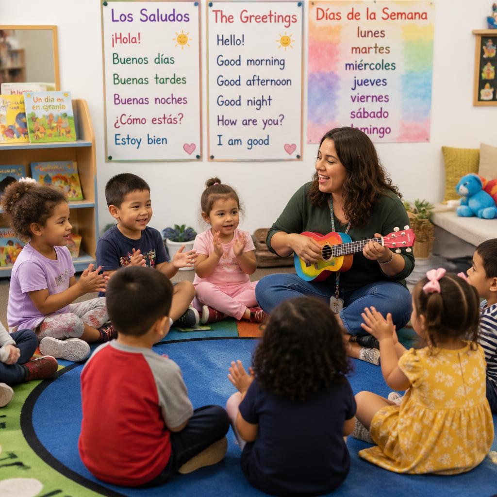 Children singing in Spanish during circle time with a teacher and ukulele