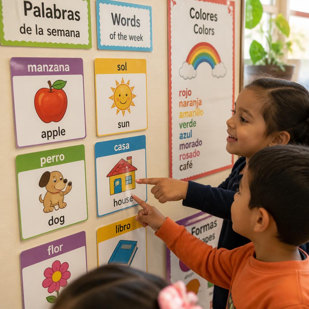 Children pointing at bilingual word wall cards