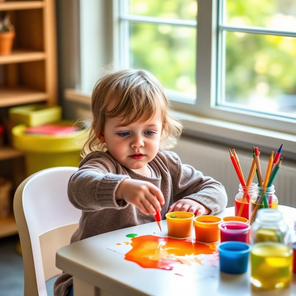 Child painting at a classroom table