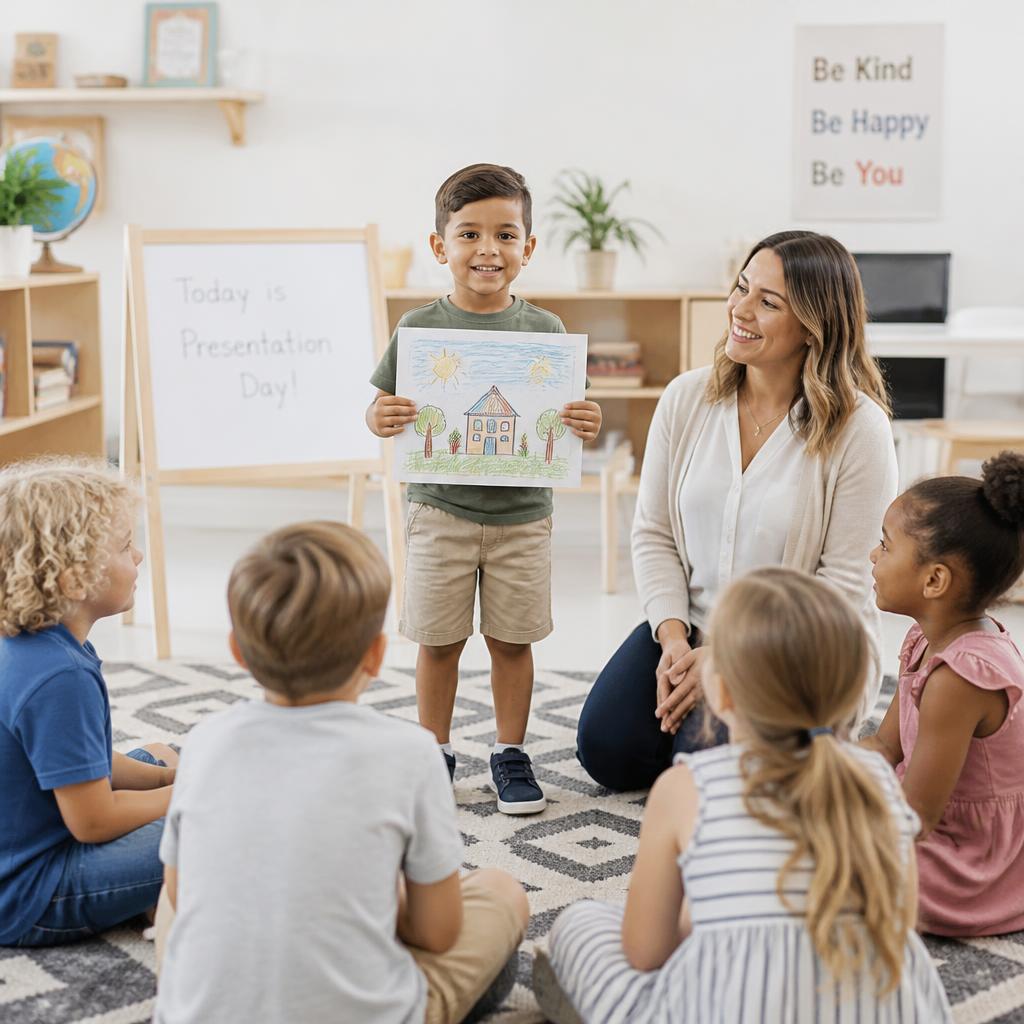 Young child proudly presenting a drawing to classmates
