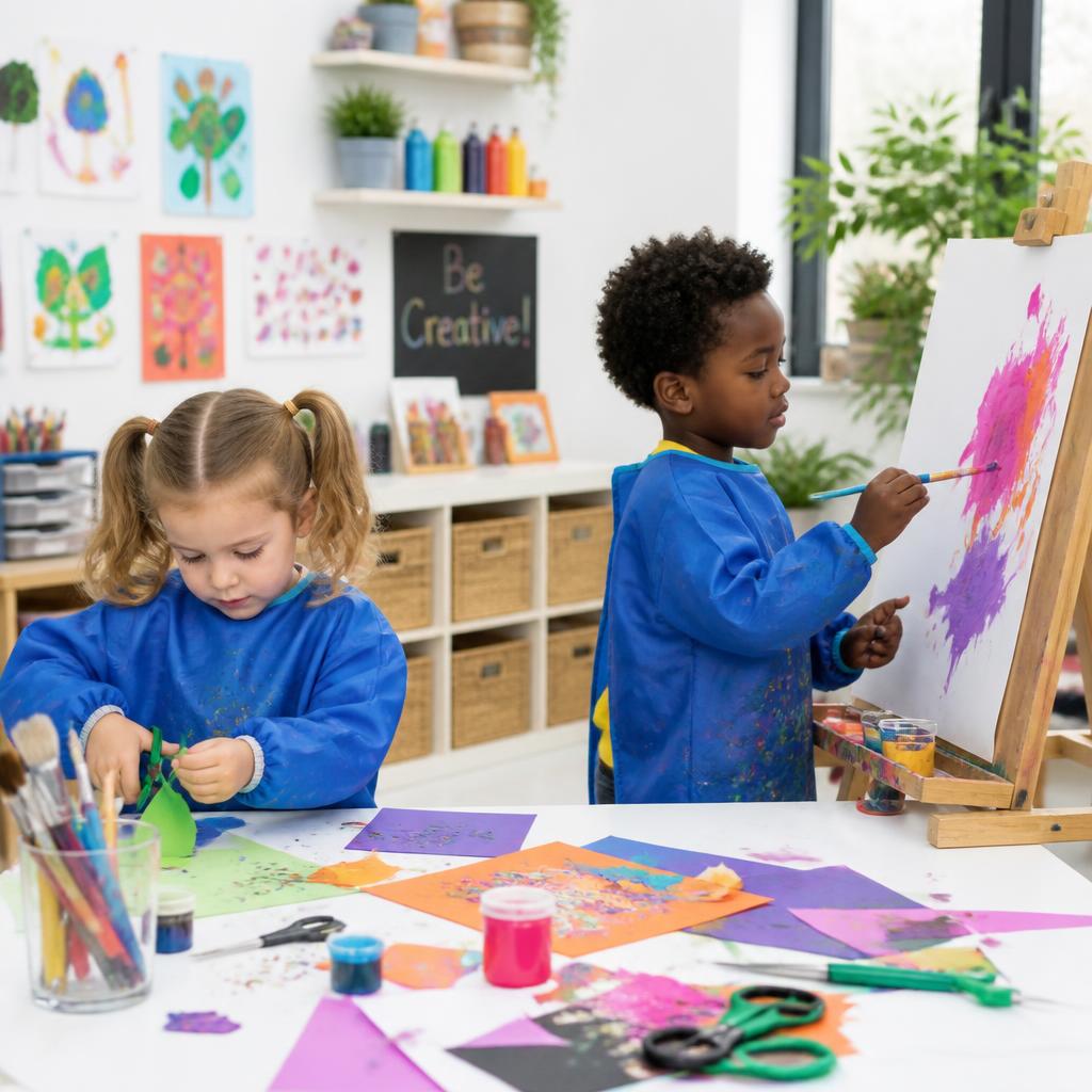 Children painting at easels and doing arts and crafts