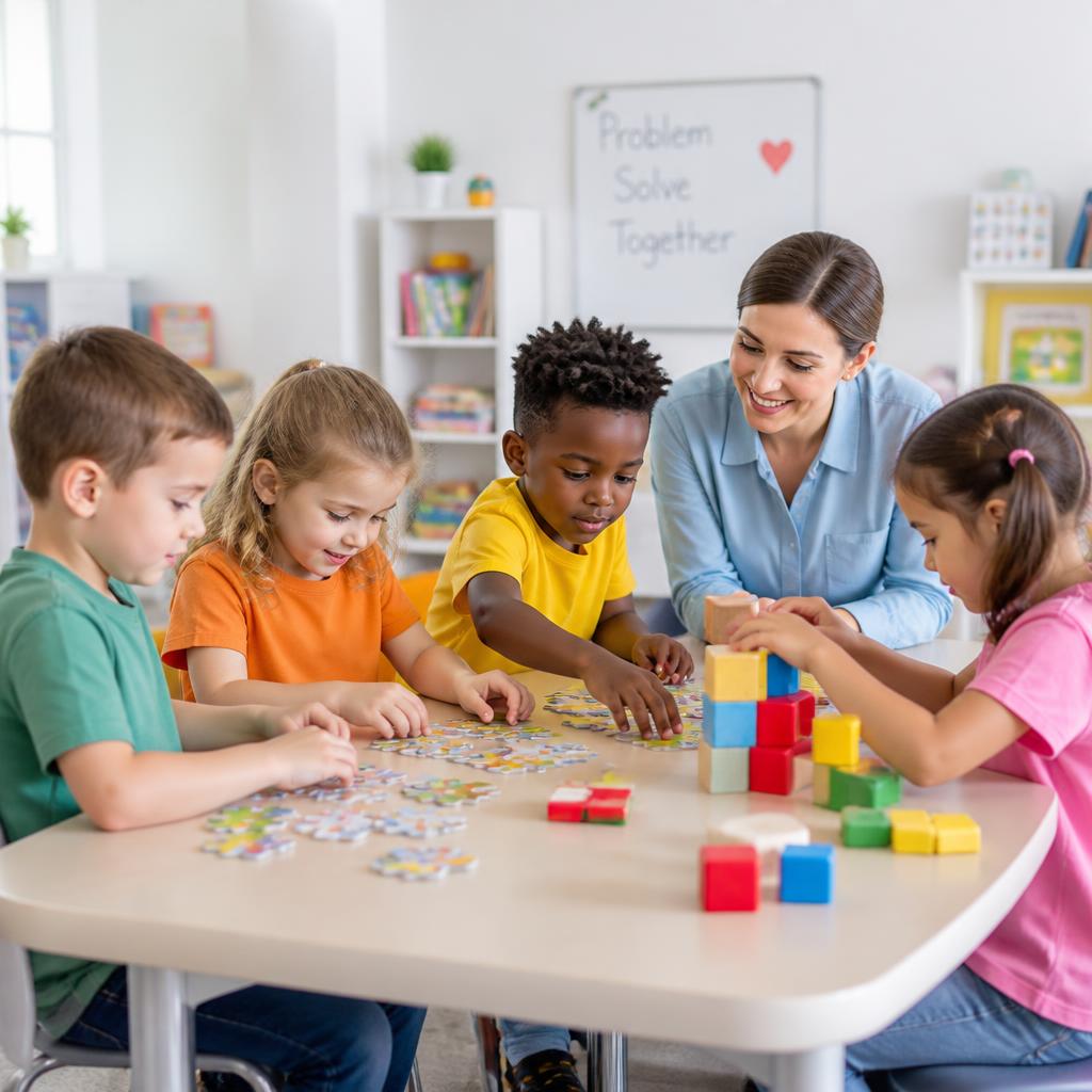 Preschoolers solving puzzles and building with blocks