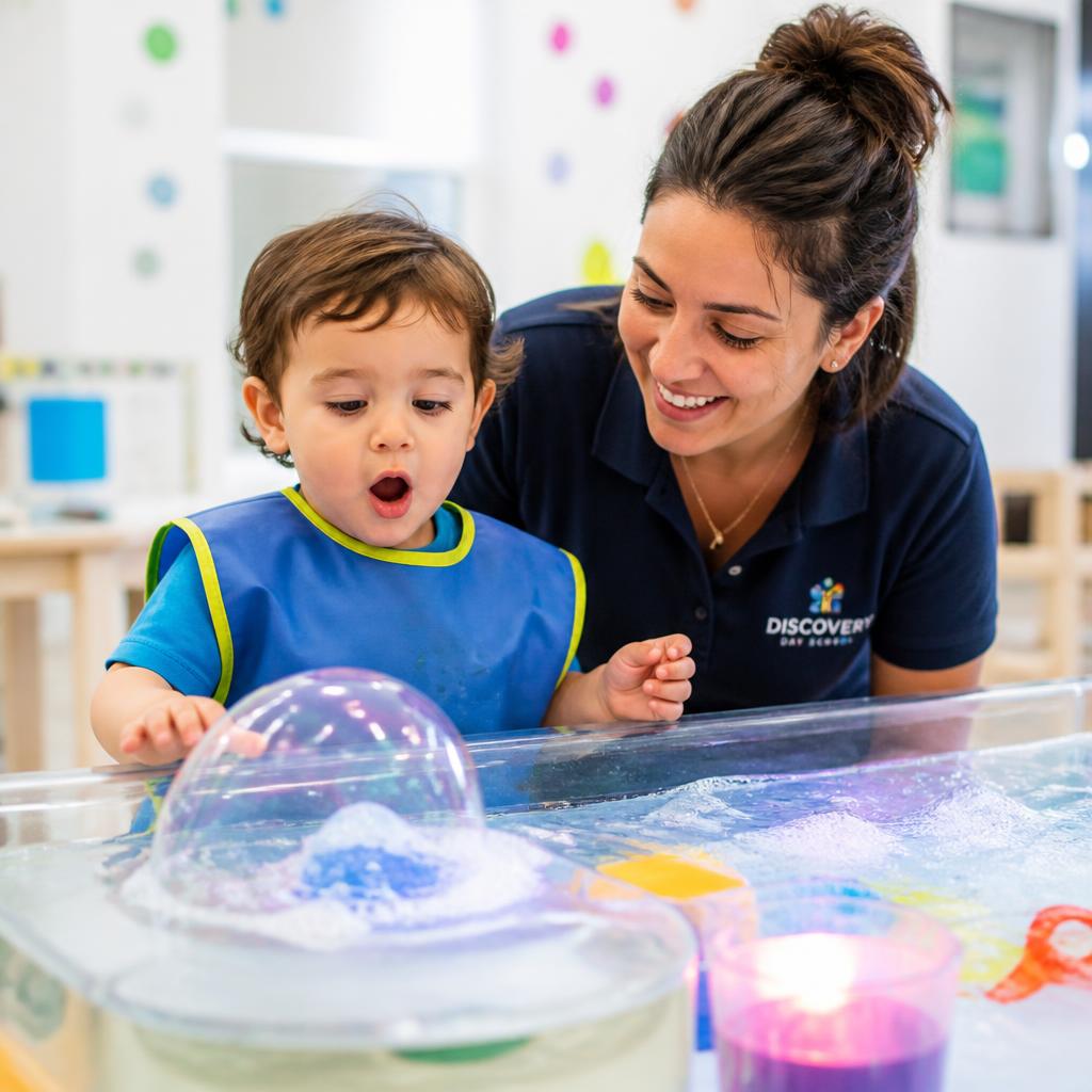 Toddler discovering bubbles and water play with a teacher