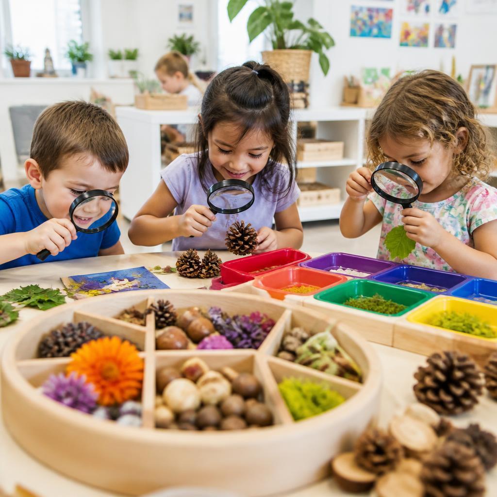 Children exploring nature items with magnifying glasses