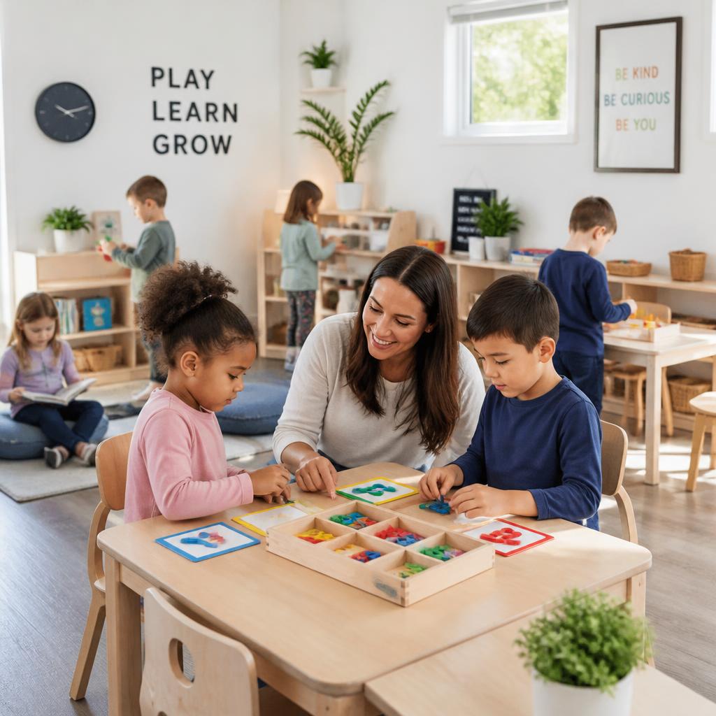 Children exploring learning centers in a bright modern classroom
