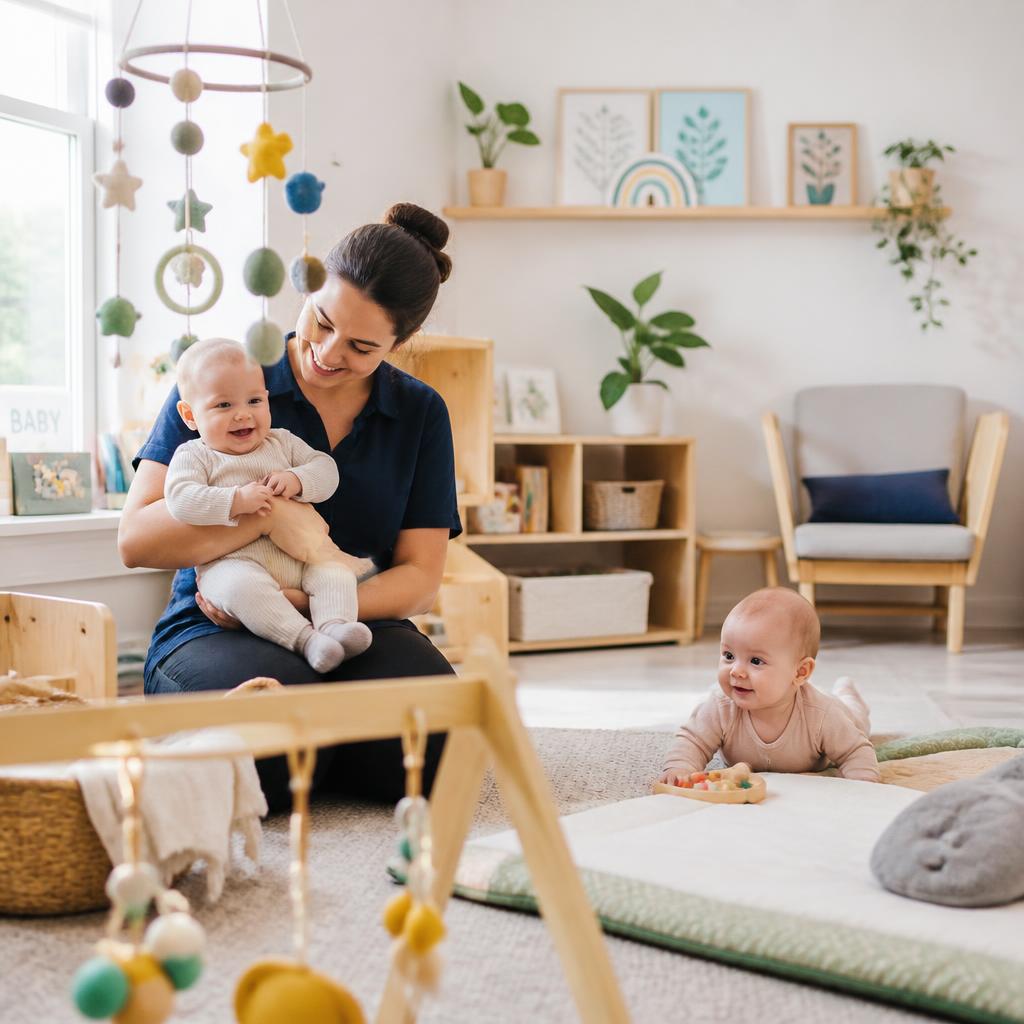 Caregiver holding a happy baby in a warm infant room