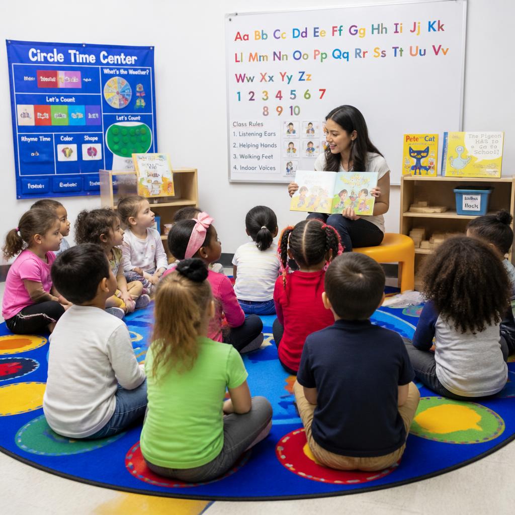 Preschool children enjoying circle time with a teacher