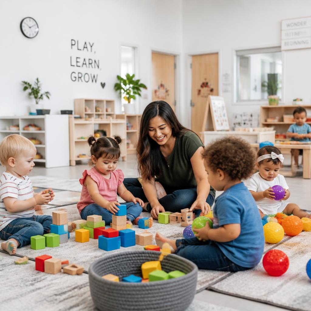 Toddlers playing with blocks and balls with a teacher