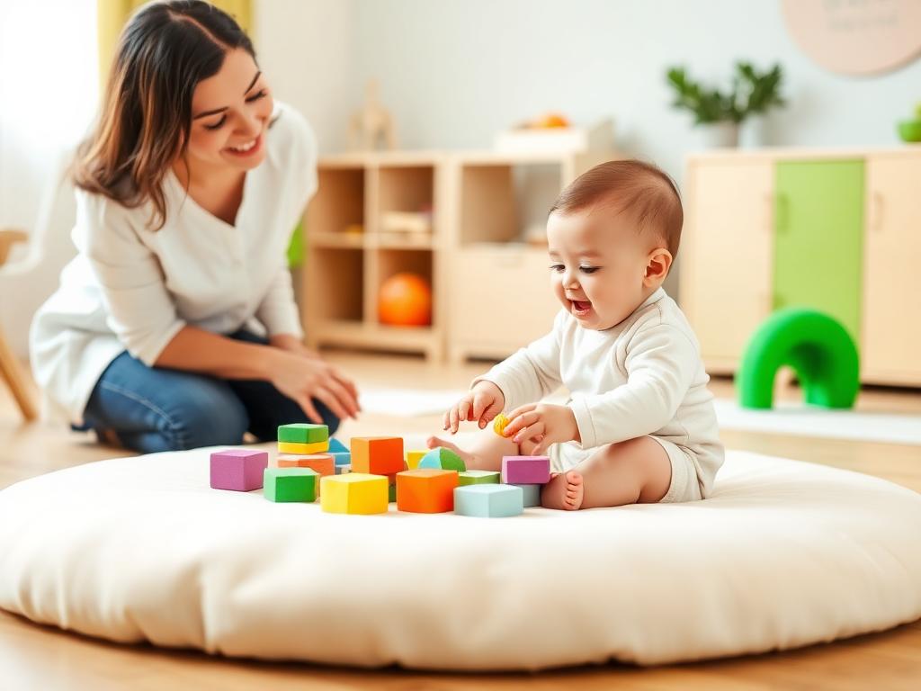 Baby exploring colorful sensory blocks during curriculum play