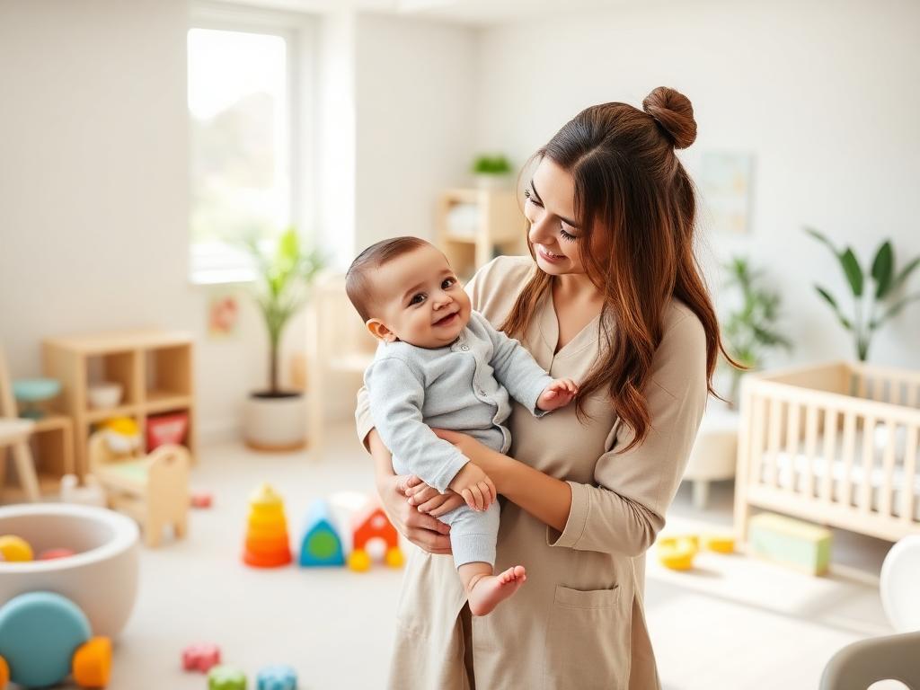 Caring teacher holding a happy baby in a bright infant classroom