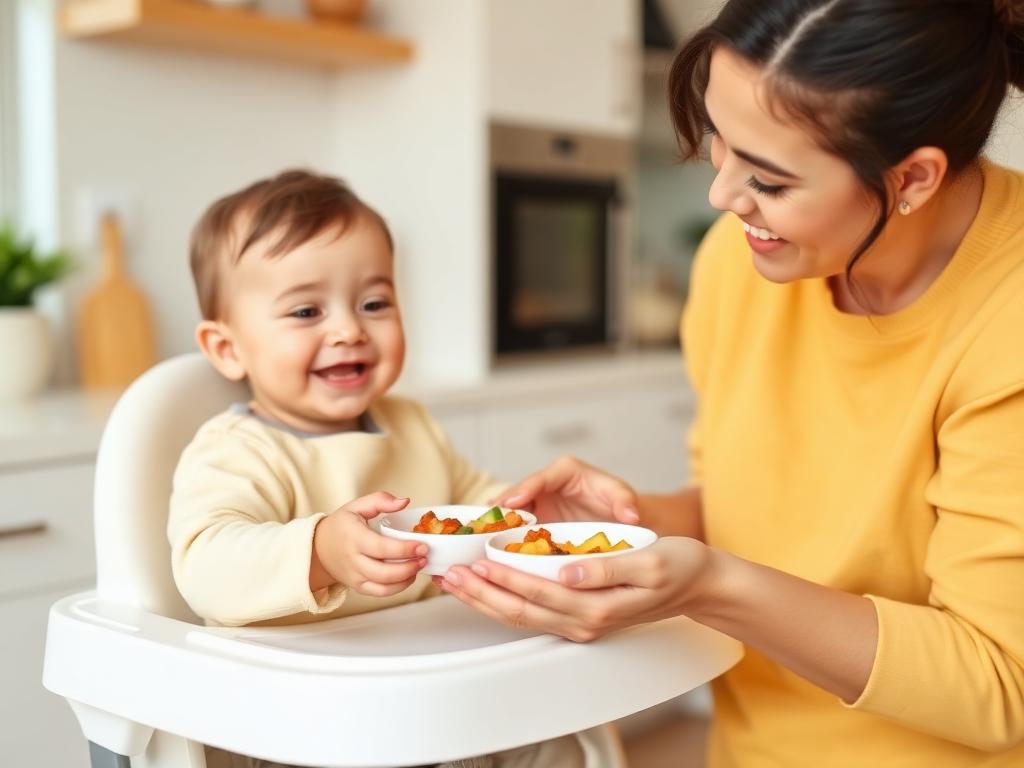 Caregiver offering healthy baby food at mealtime