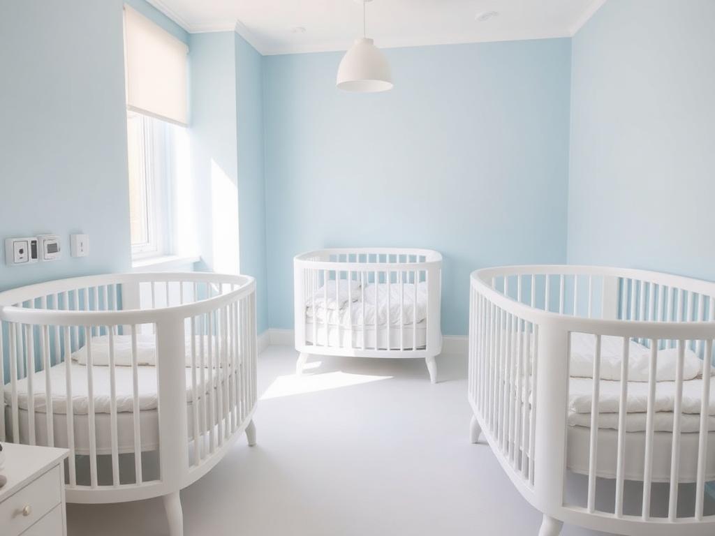 Bright, clean infant sleep area with rounded white cribs
