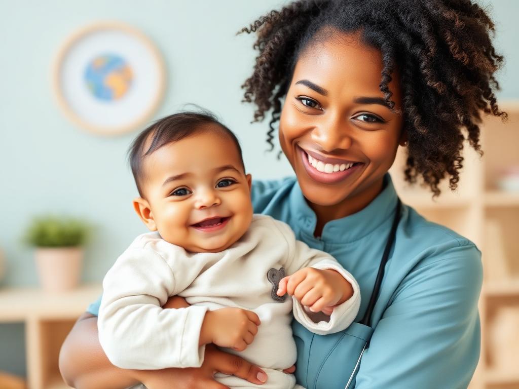 Smiling infant teacher holding a happy baby