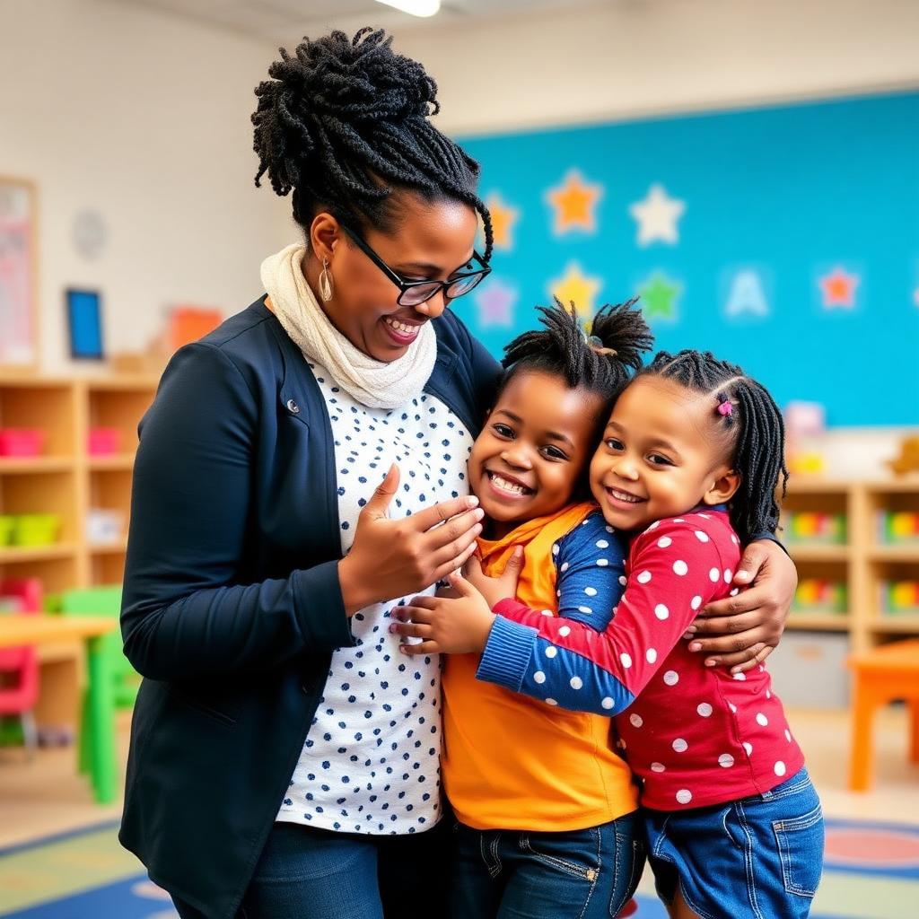 Teacher hugging children