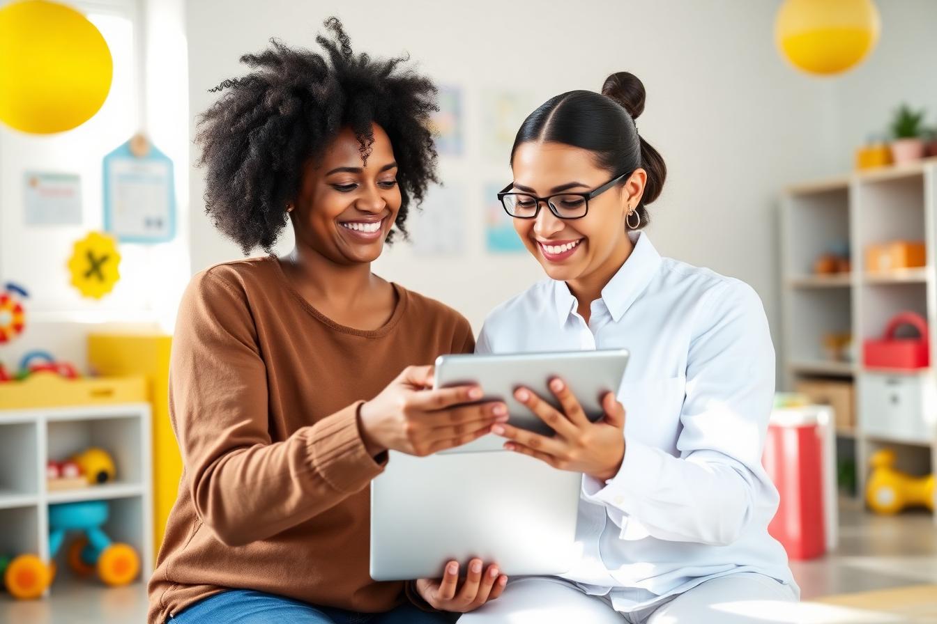 Parent and teacher reviewing a child's day on a tablet