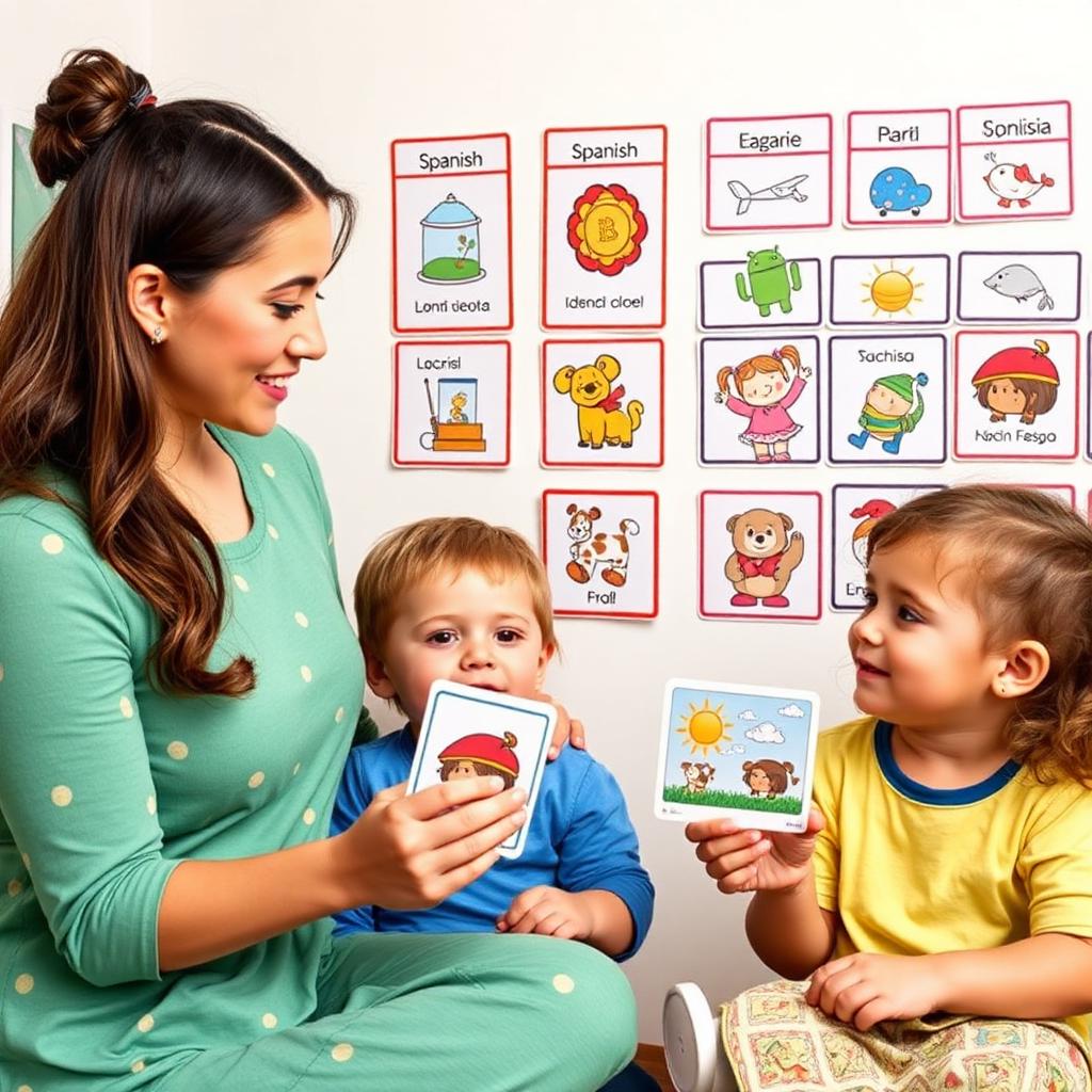 Teacher and preschoolers learning Spanish with picture cards