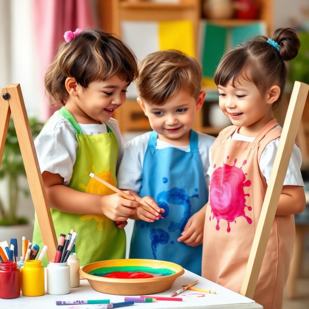 Preschoolers painting at colorful easels