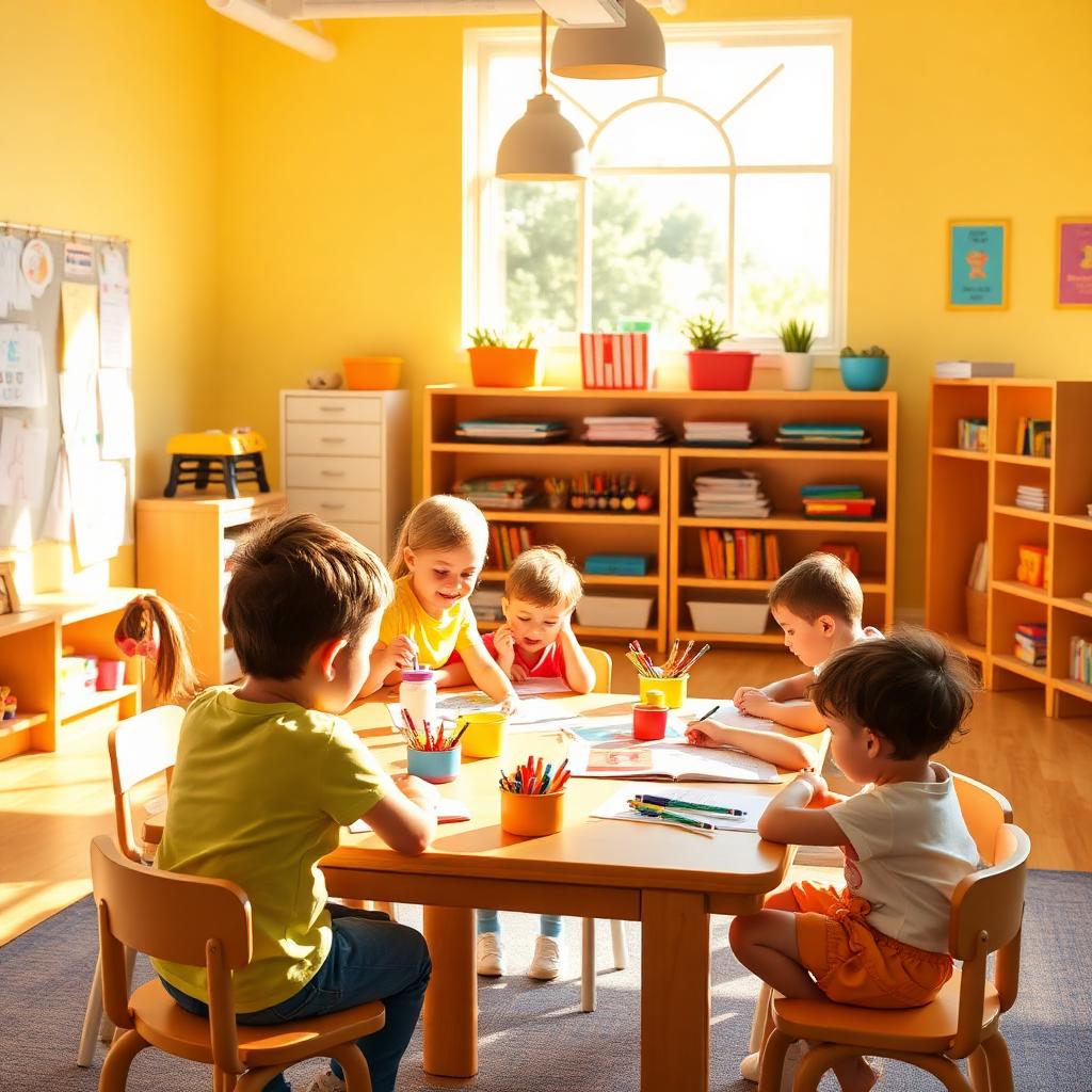 Bright preschool classroom with children learning together