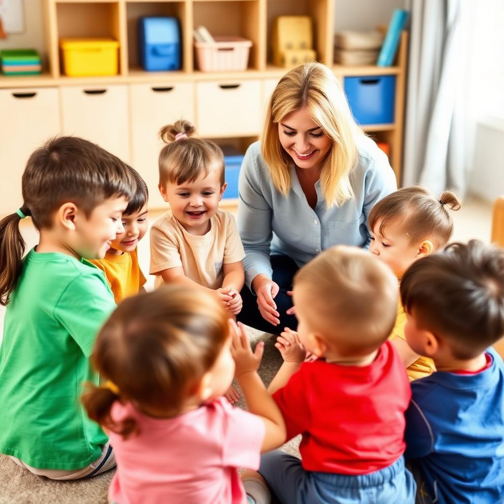 Preschoolers collaborating in a group circle with their teacher