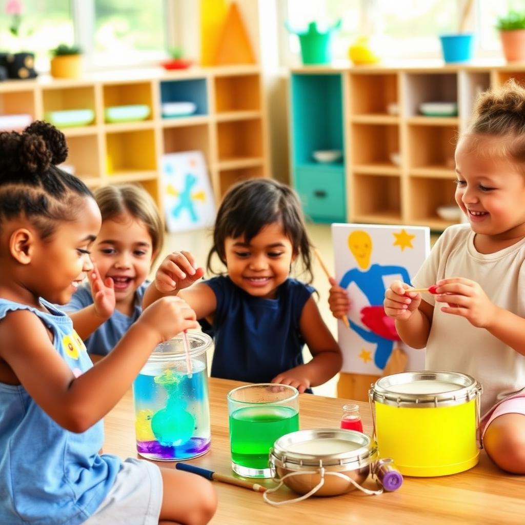 Children doing science experiments, painting, and music at camp