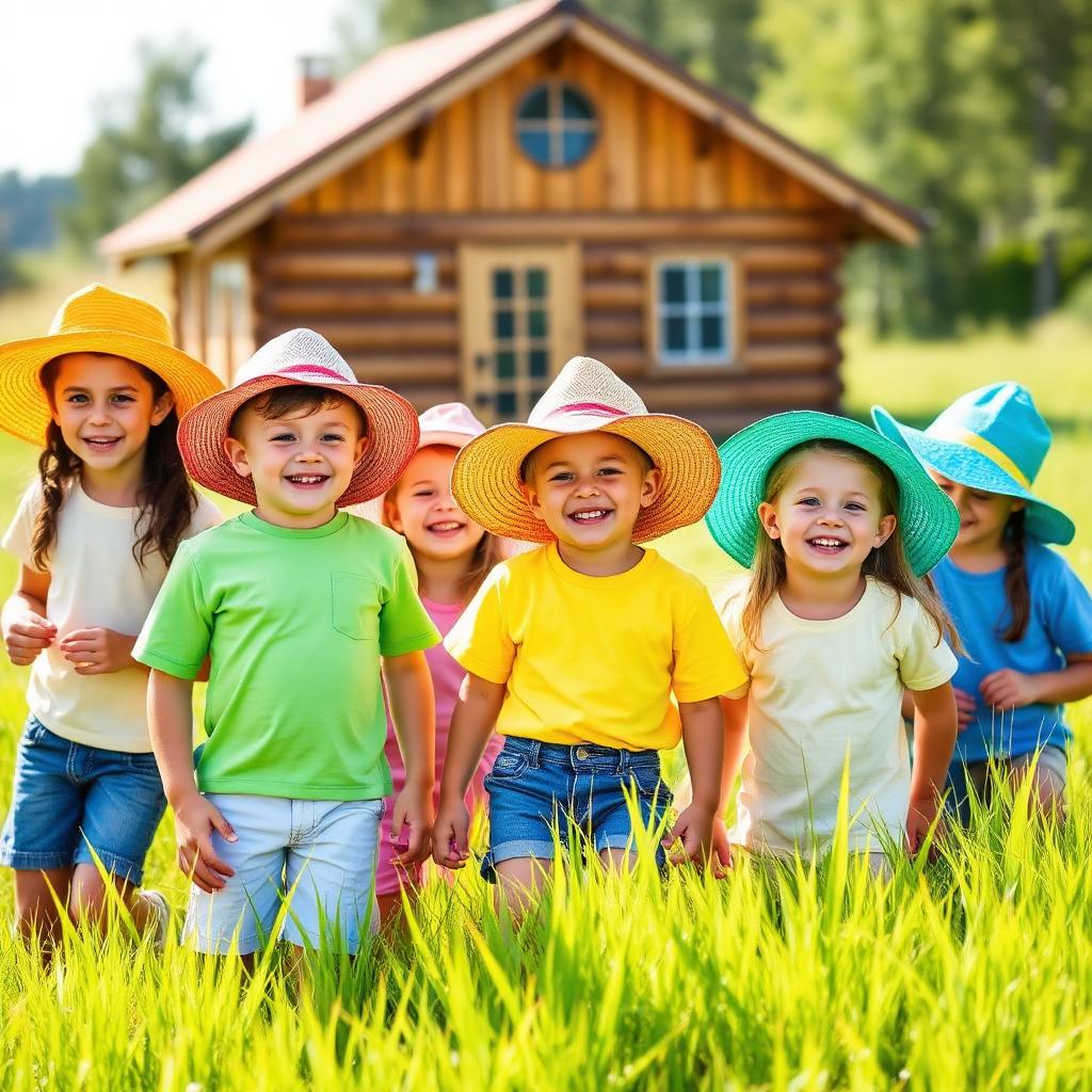 Happy children in sun hats walking together at summer camp