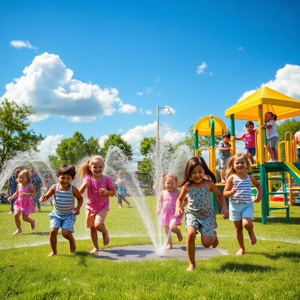 Children running through sprinklers and playing on a playground