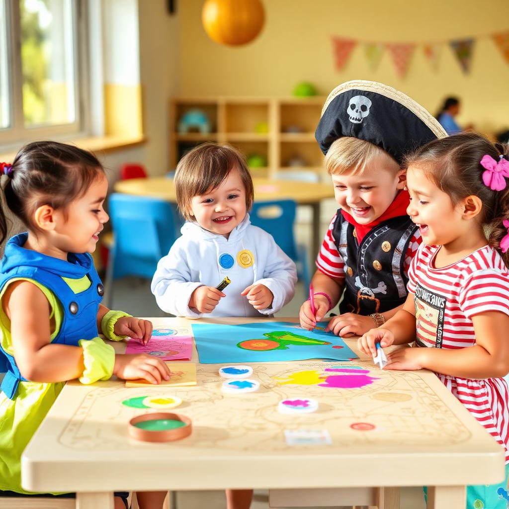 Children in costumes doing themed crafts at summer camp