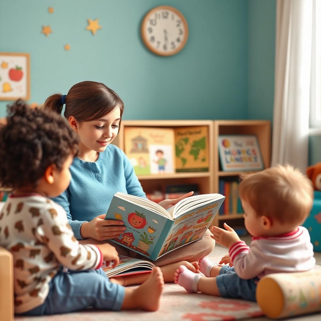 Bilingual teacher reading picture books with toddlers