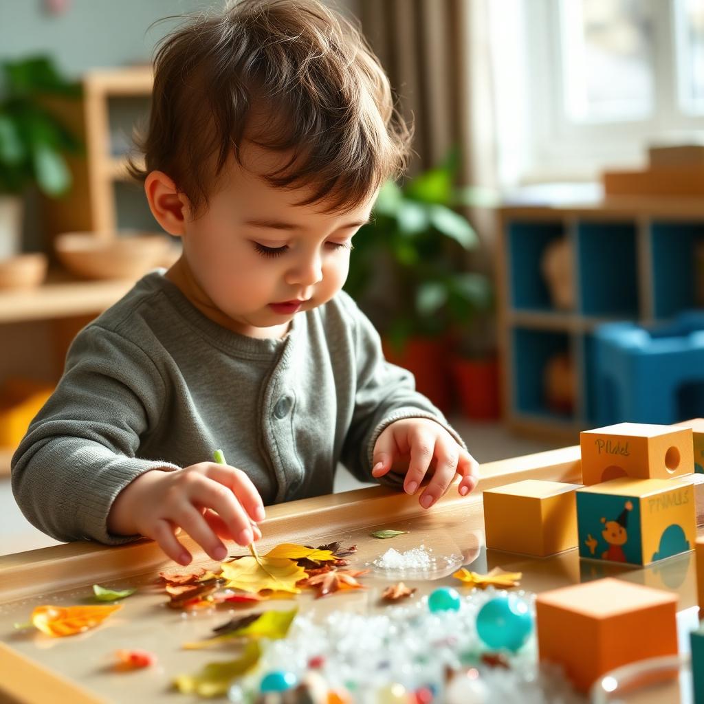 Toddler exploring a sensory discovery table with leaves and blocks