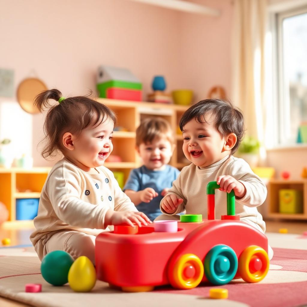 Happy toddlers laughing and playing with colorful toys in a bright classroom