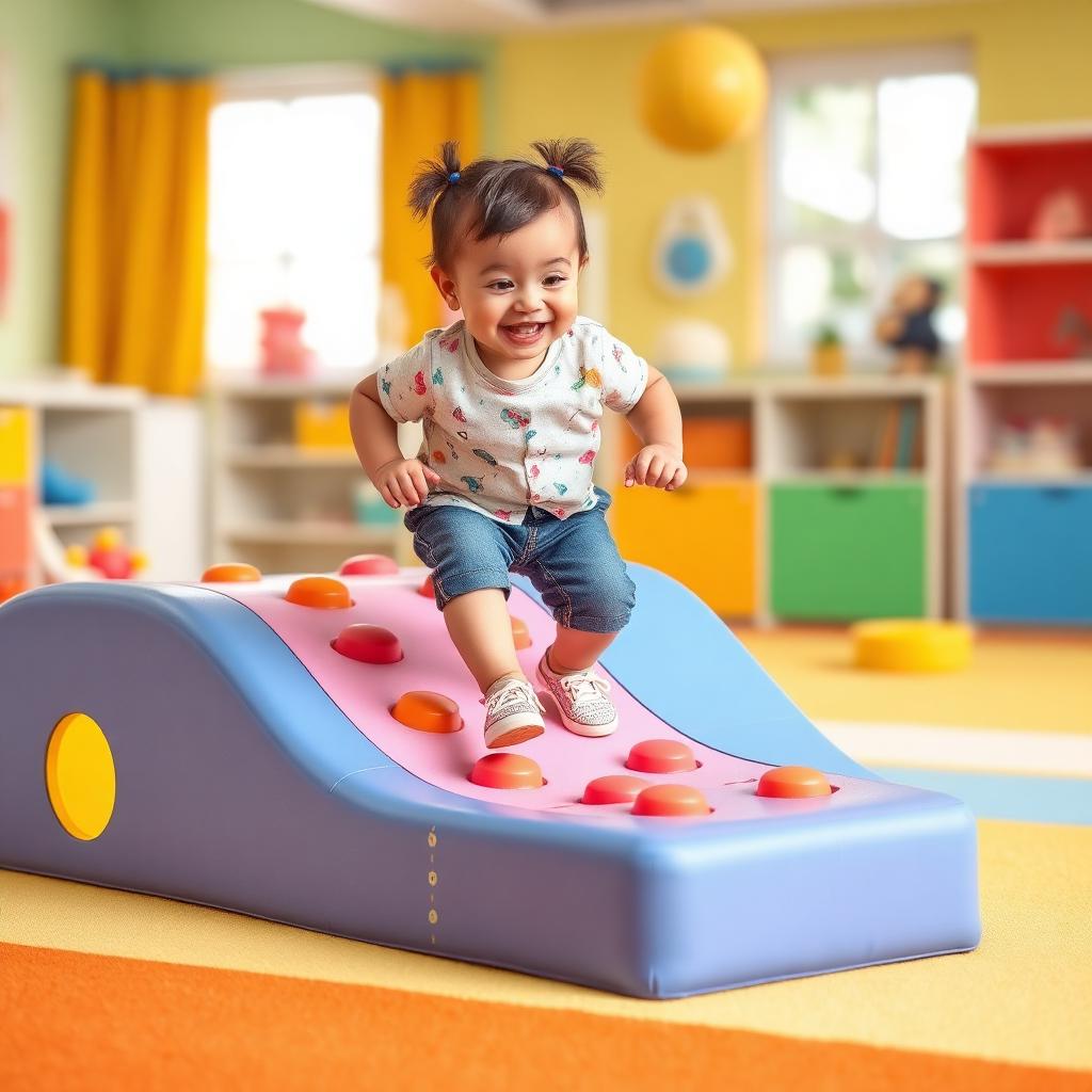 Toddler climbing on a soft foam play structure