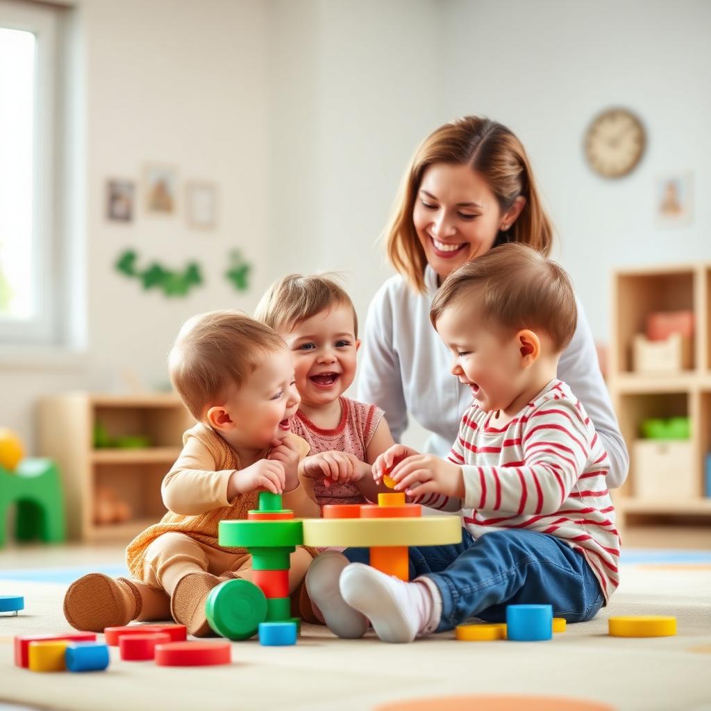 Toddlers playing together with a caring teacher