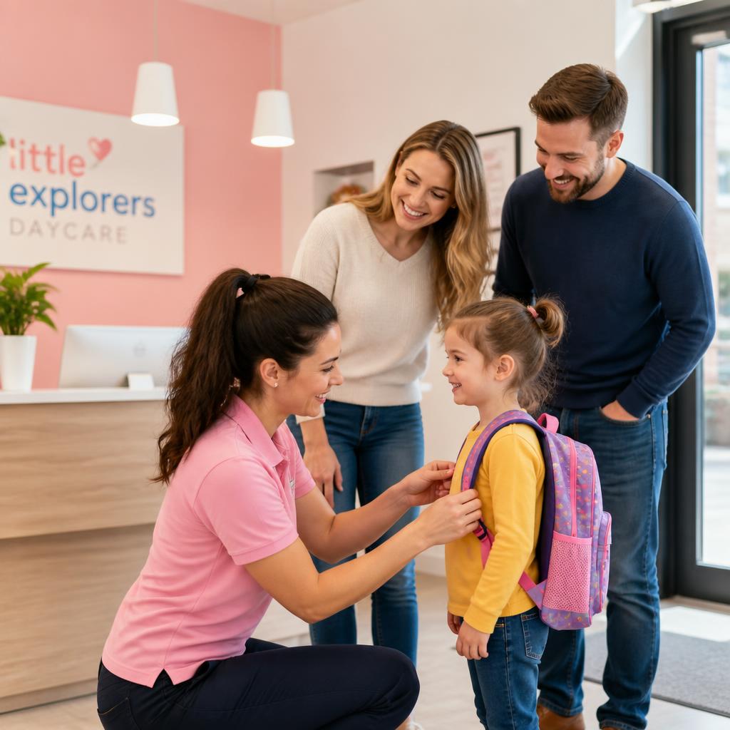 Teacher greeting a child and parents at daycare pickup
