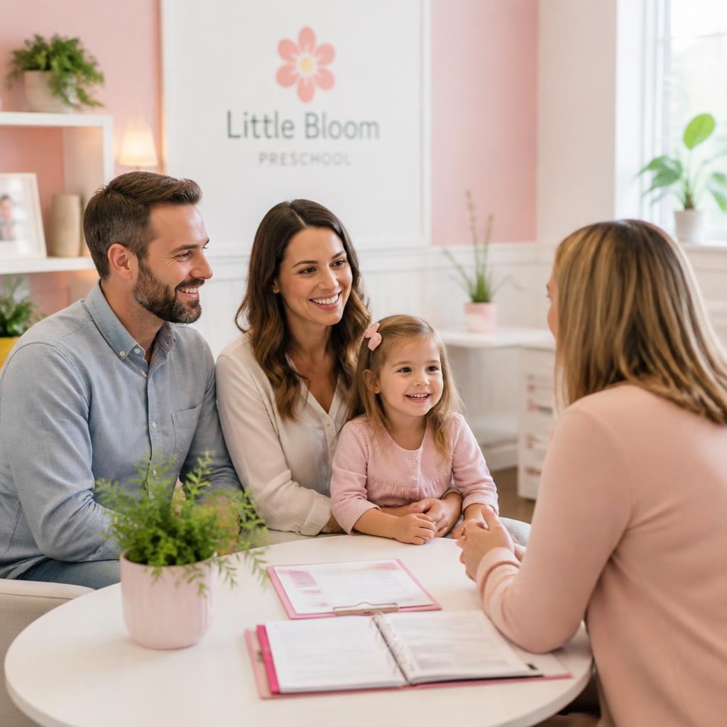 Family meeting with a daycare director in a warm pink and white office