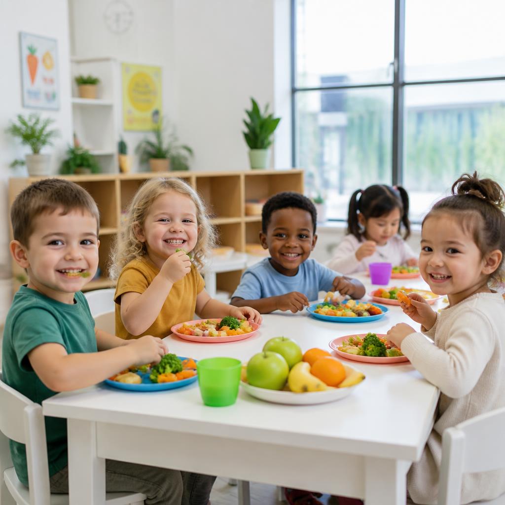Children enjoying a healthy lunch together
