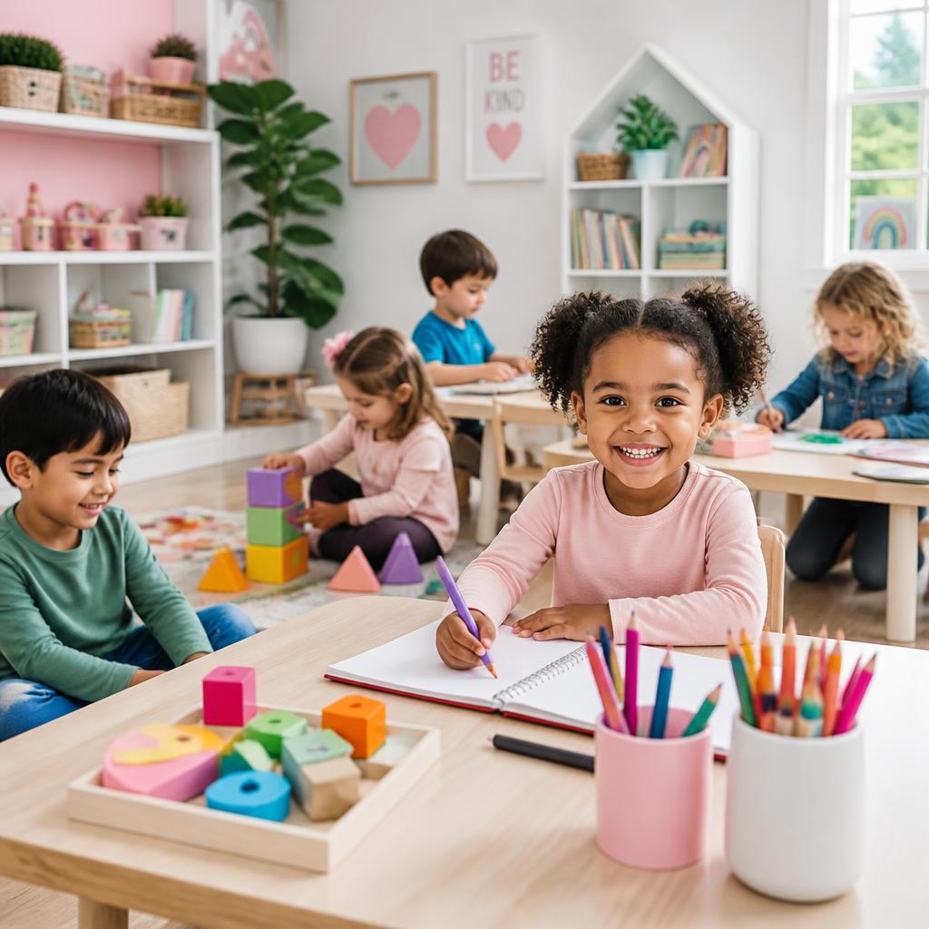 Children using art supplies and learning materials in a pink and white classroom